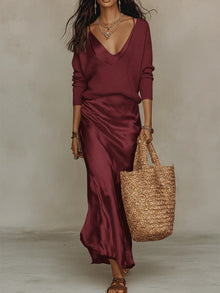 Montarello Women's Satin-Look Midi Dress Knit Co-Ord Set