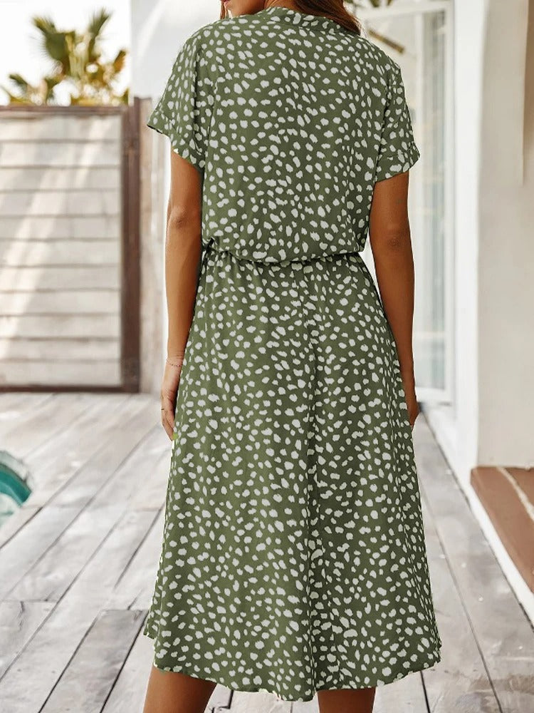 Montarello Women's Ditsy Print V-Neck Midi Dress Short Sleeve