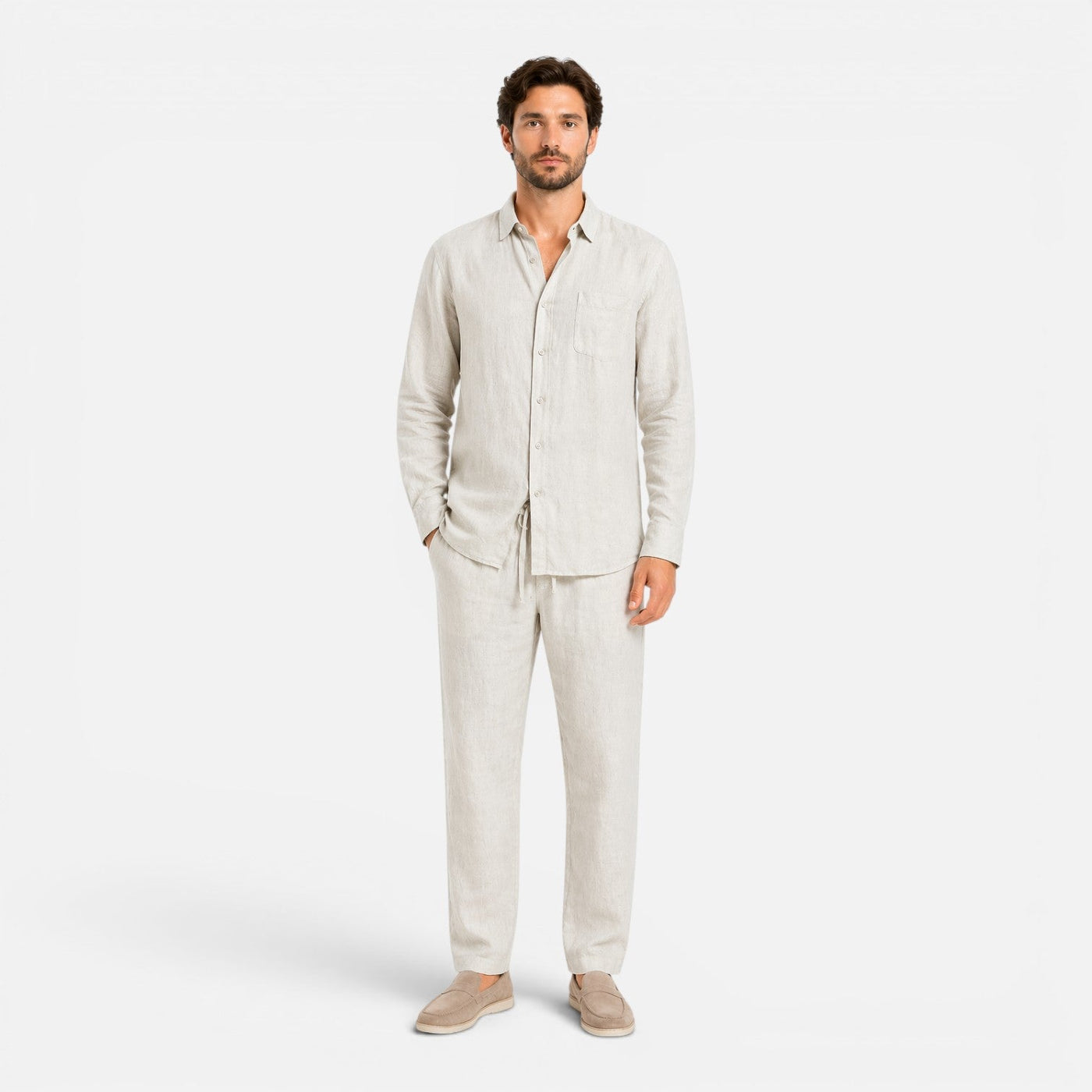 Montarello Men's Linen-Look Long-Sleeve Shirt & Trousers Co-Ord Set