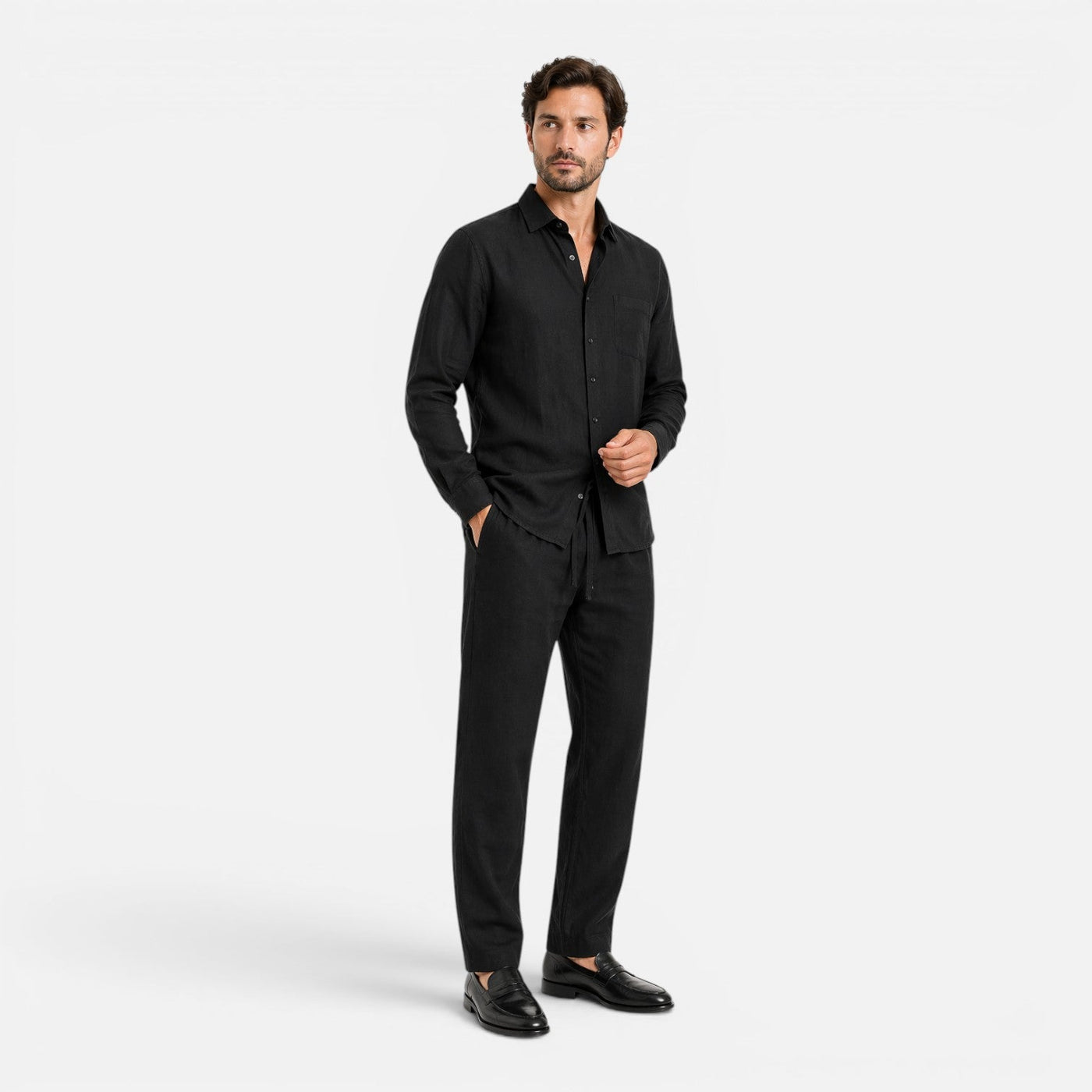 Montarello Men's Linen-Look Long-Sleeve Shirt & Trousers Co-Ord Set
