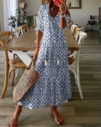 Montarello Geometric Print Lantern Sleeve Maxi Dress Women's
