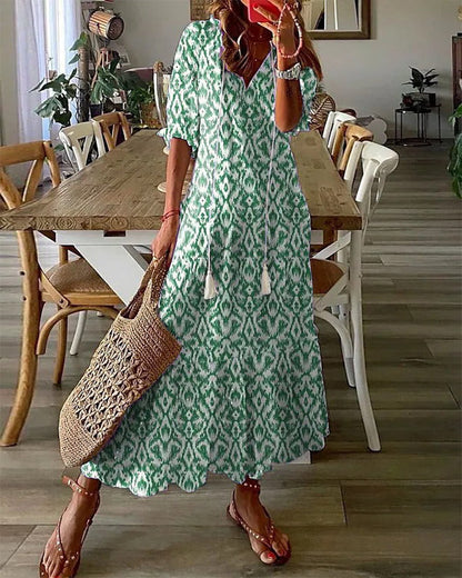 Montarello Geometric Print Lantern Sleeve Maxi Dress Women's