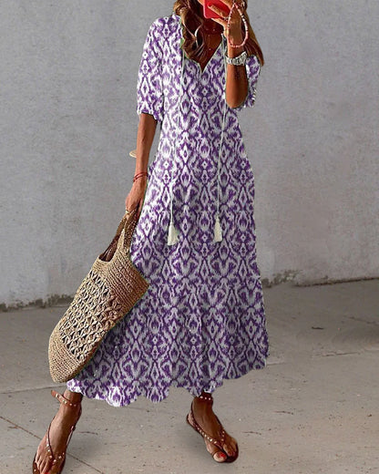 Montarello Geometric Print Lantern Sleeve Maxi Dress Women's