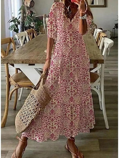 Montarello Geometric Print Lantern Sleeve Maxi Dress Women's