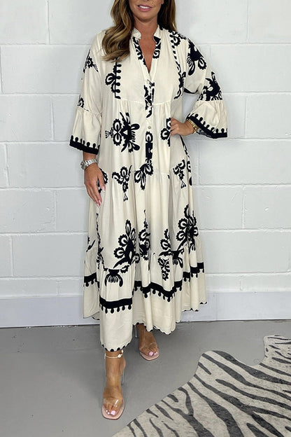 Montarello Women's Embroidered Print Tiered Maxi Dress Flared Sleeve