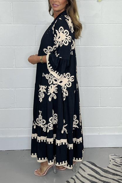 Montarello Women's Embroidered Print Tiered Maxi Dress Flared Sleeve