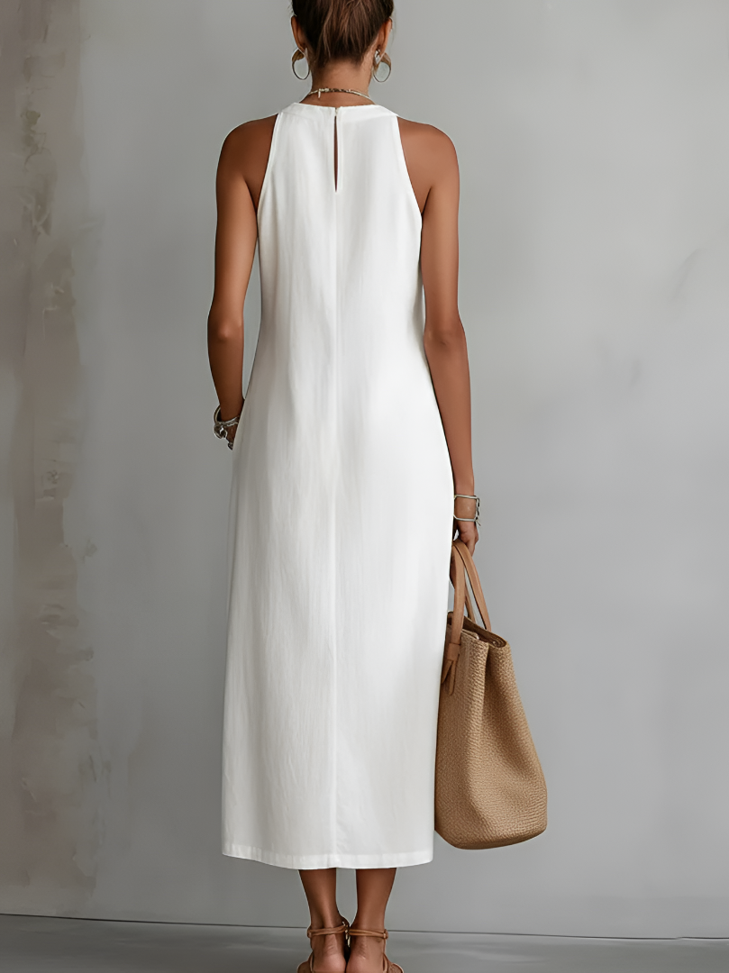 Montarello Women's Sleeveless Stand-Collar Linen-Blend Summer Midi Dress