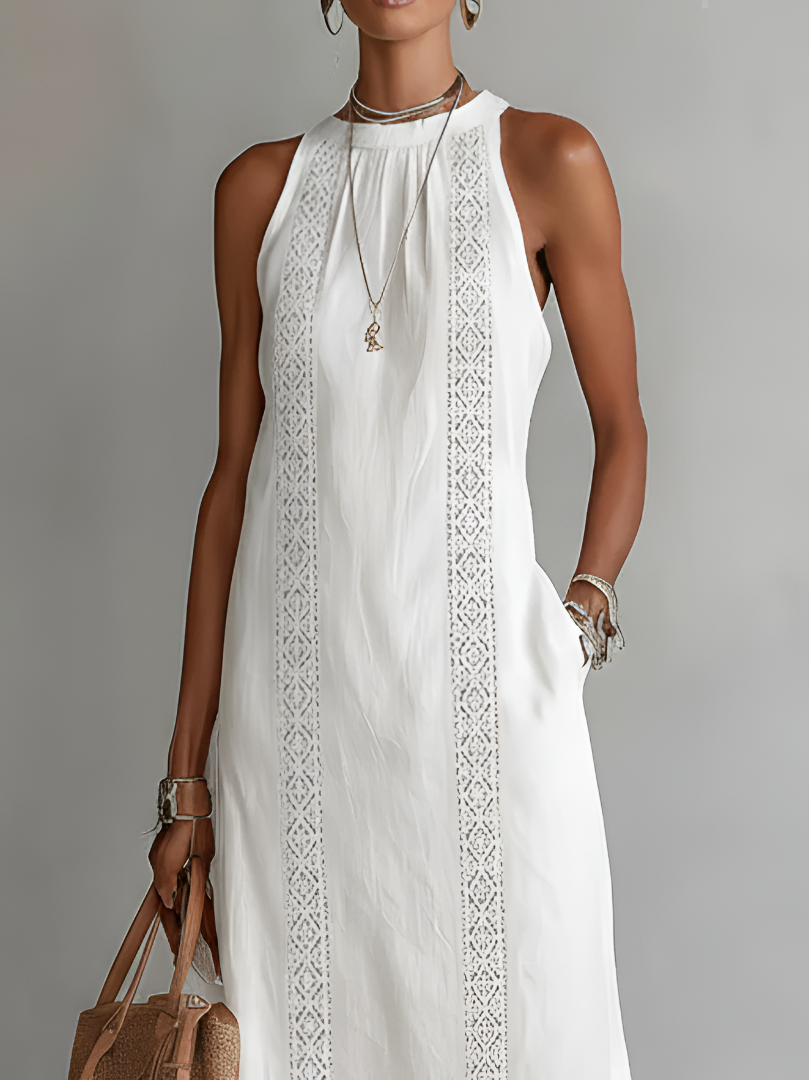 Montarello Women's Sleeveless Stand-Collar Linen-Blend Summer Midi Dress