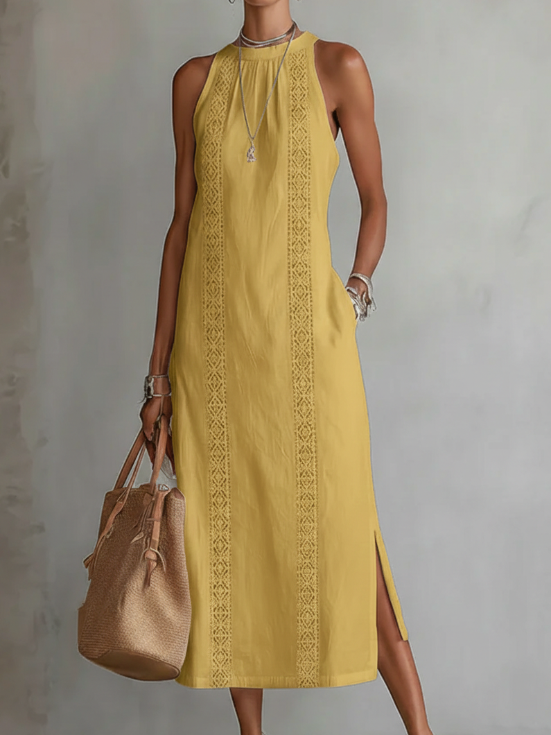 Montarello Women's Sleeveless Stand-Collar Linen-Blend Summer Midi Dress