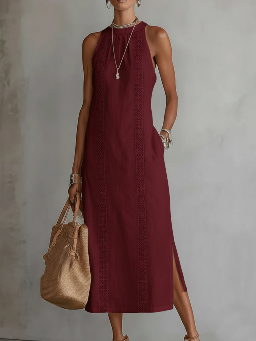 Montarello Women's Sleeveless Stand-Collar Linen-Blend Summer Midi Dress
