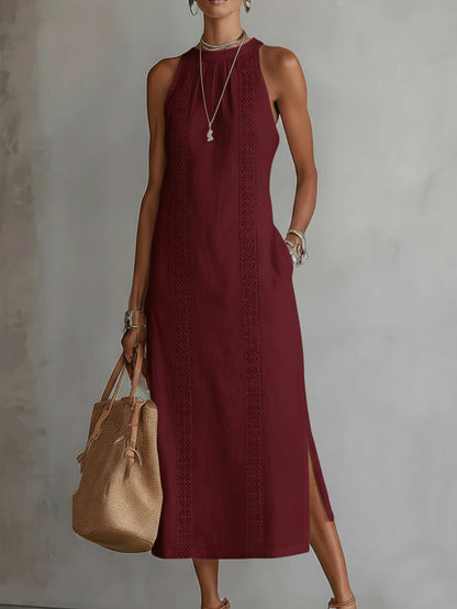 Montarello Women's Sleeveless Stand-Collar Linen-Blend Summer Midi Dress