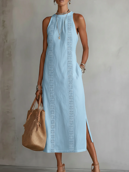 Montarello Women's Sleeveless Stand-Collar Linen-Blend Summer Midi Dress