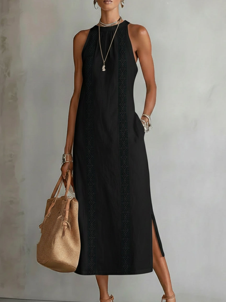 Montarello Women's Sleeveless Stand-Collar Linen-Blend Summer Midi Dress