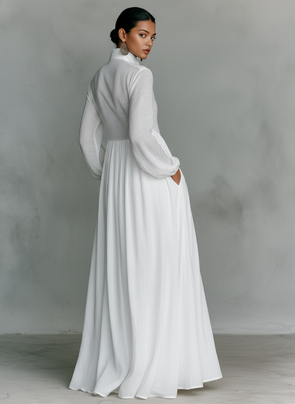 Montarello Women's Linen-Look Maxi Dress Stand Collar Long Sleeve