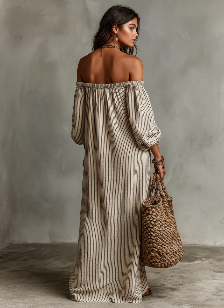 Montarello Women's Off-Shoulder Long-Sleeve Linen-Look Maxi Beach Dress