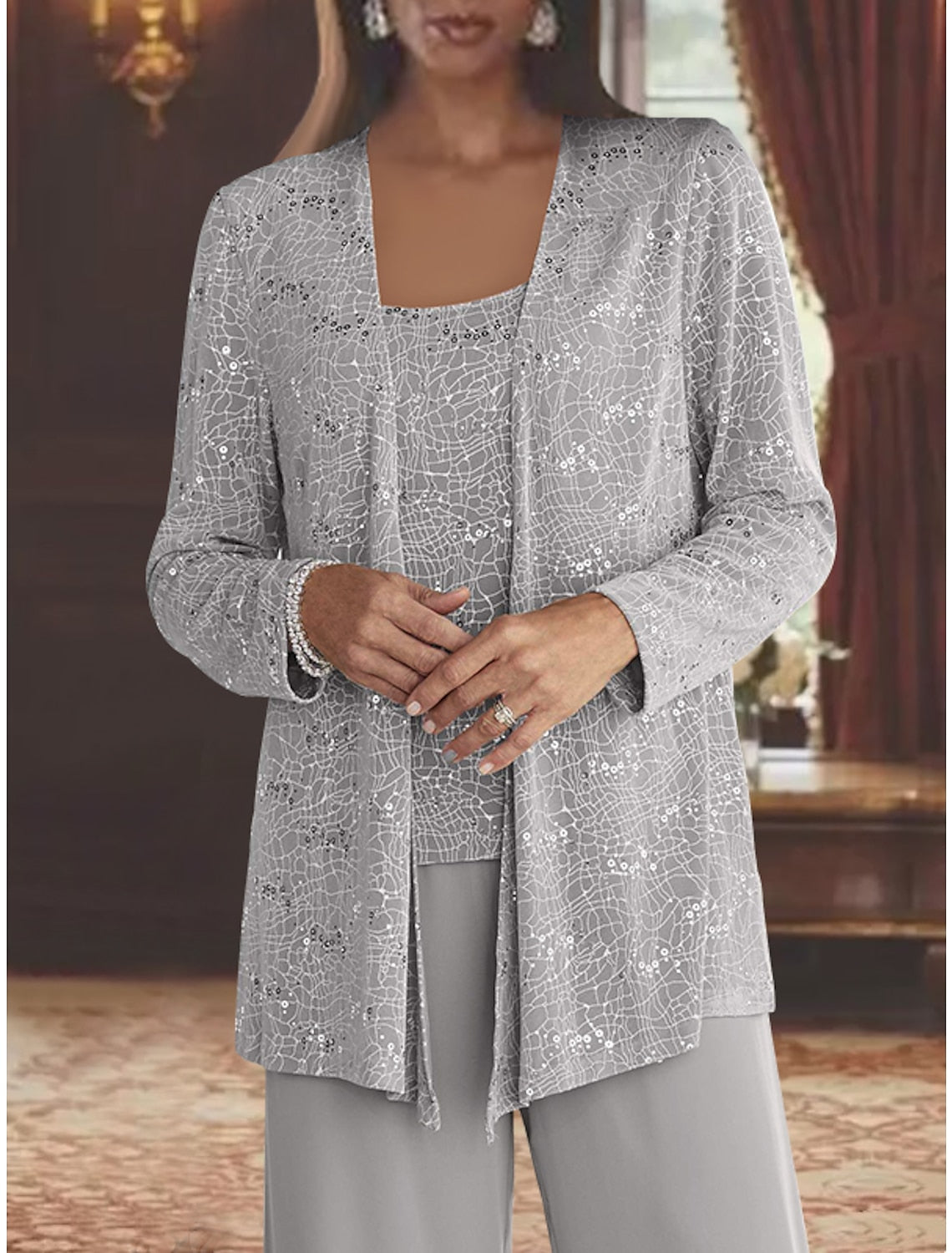 Montarello Women's Chiffon Sequin Jacket Trouser Suit 3-Piece