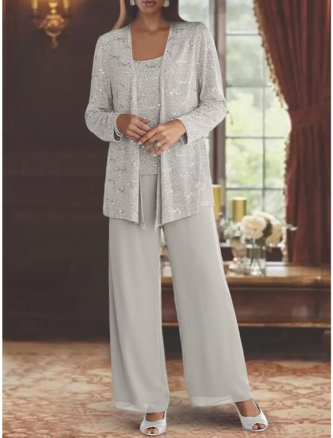 Montarello Women's Chiffon Sequin Jacket Trouser Suit 3-Piece