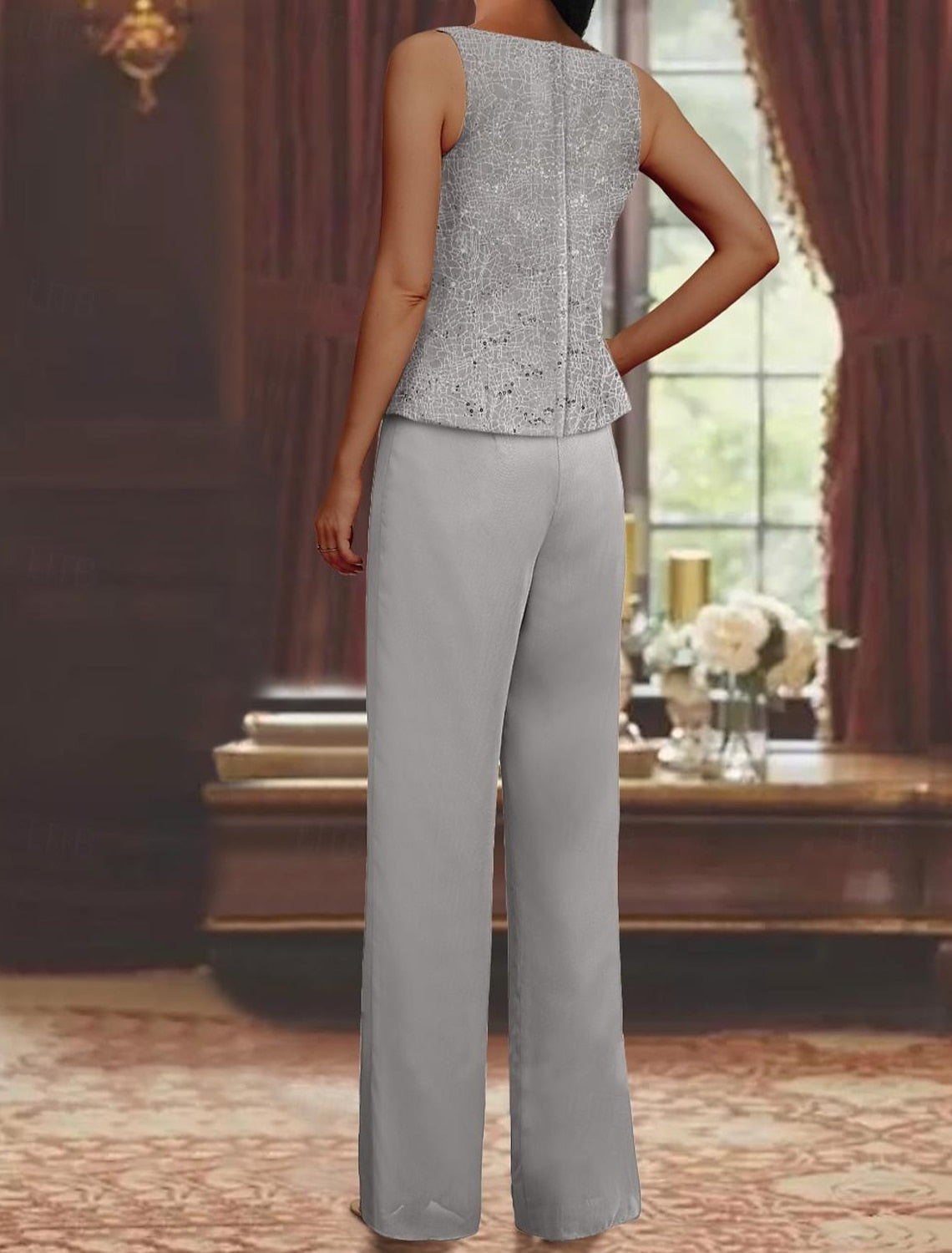 Montarello Women's Chiffon Sequin Jacket Trouser Suit 3-Piece