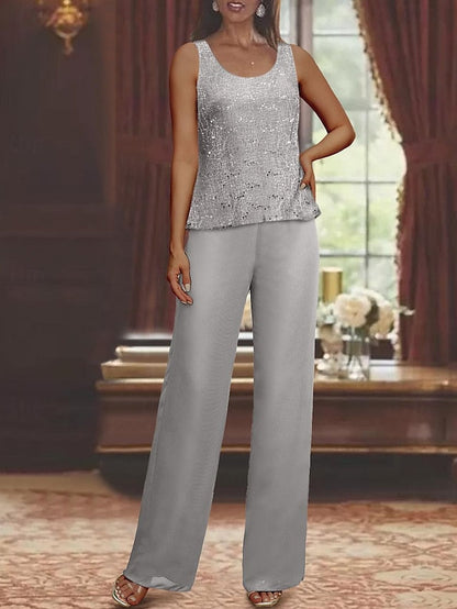 Montarello Women's Chiffon Sequin Jacket Trouser Suit 3-Piece