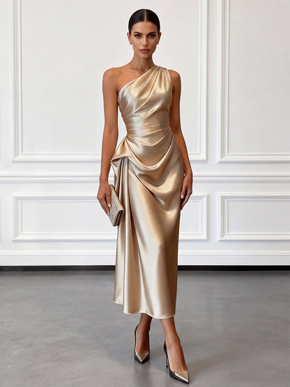 Robe midi à une épaule effet satin froncée pour invitées de mariage pour femmes Montarello