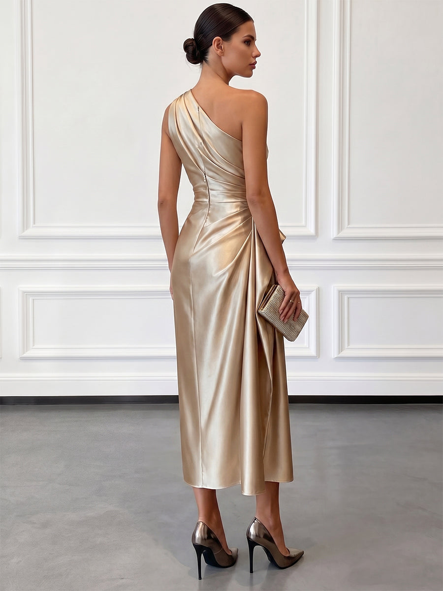 Robe midi à une épaule effet satin froncée pour invitées de mariage pour femmes Montarello