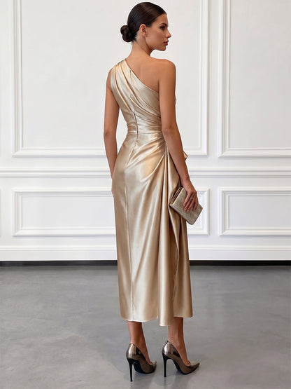 Robe midi à une épaule effet satin froncée pour invitées de mariage pour femmes Montarello