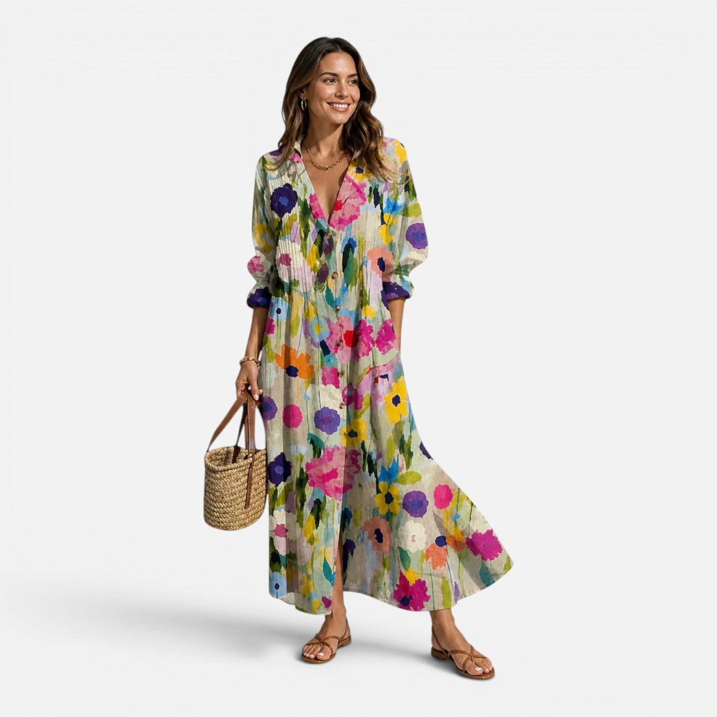 Montarello Women's Bohemian Floral Button-Front Long-Sleeve Maxi Dress