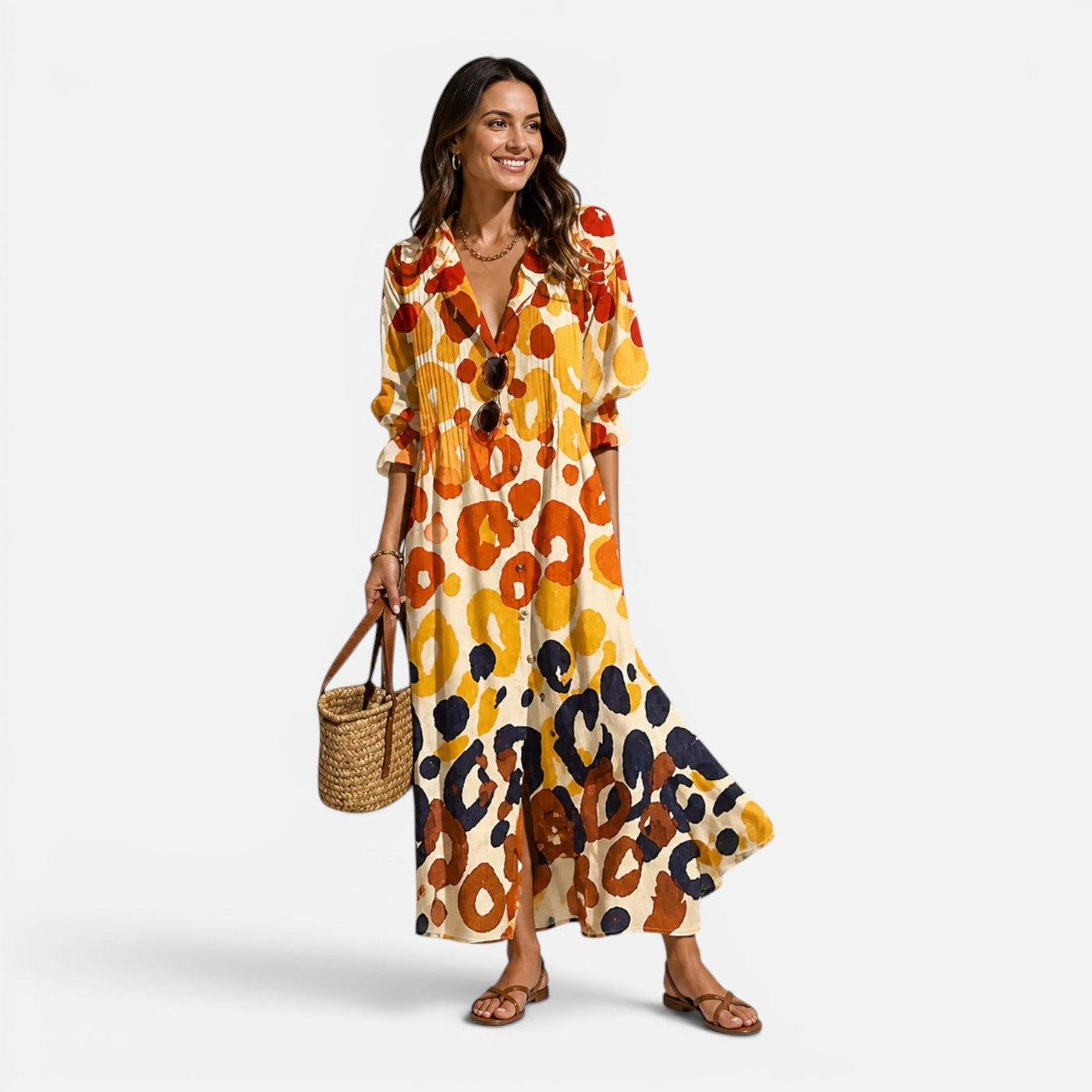 Montarello Women's Bohemian Floral Button-Front Long-Sleeve Maxi Dress