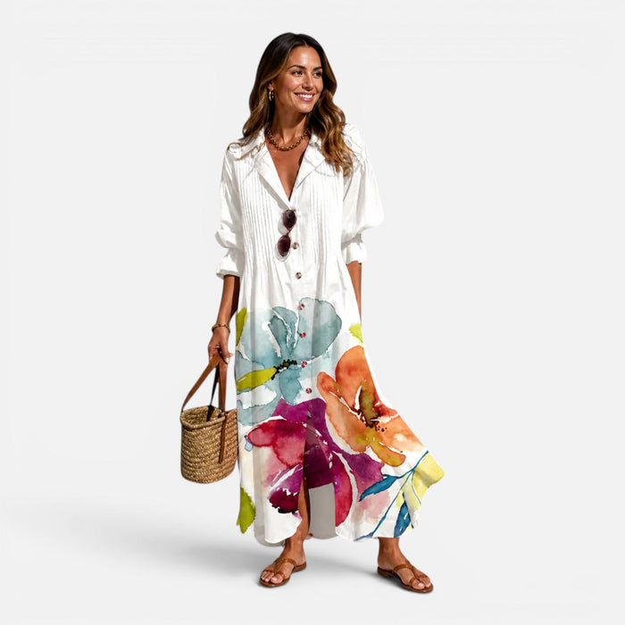 Montarello Women's Bohemian Floral Button-Front Long-Sleeve Maxi Dress