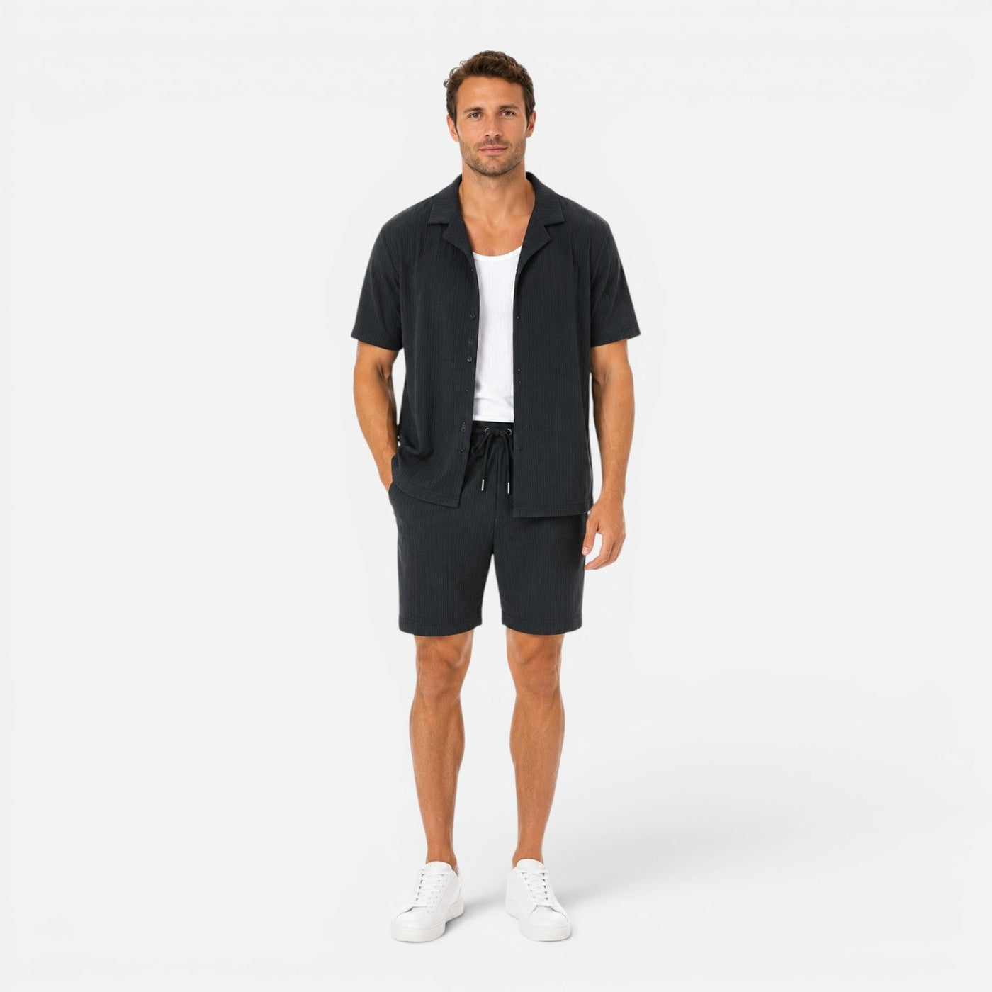 Montarello Men's Textured Camp Collar Shirt & Shorts Co-Ord Set