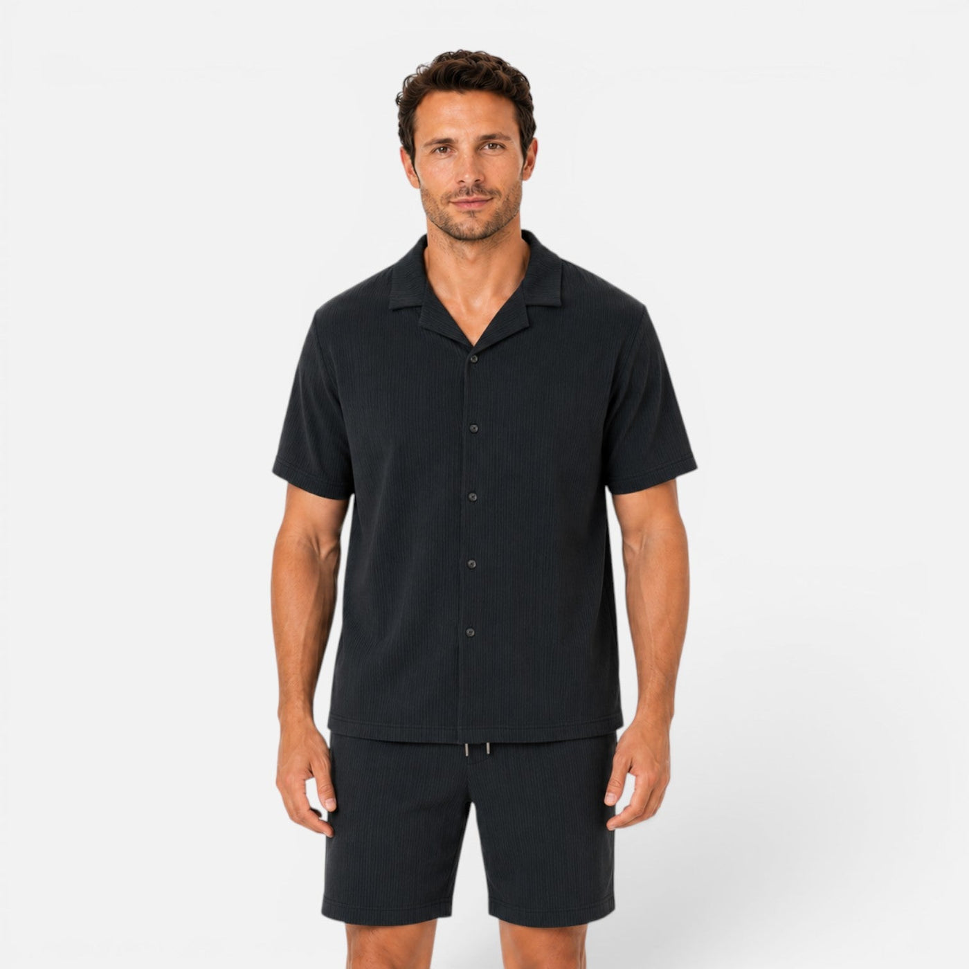 Montarello Men's Textured Camp Collar Shirt & Shorts Co-Ord Set