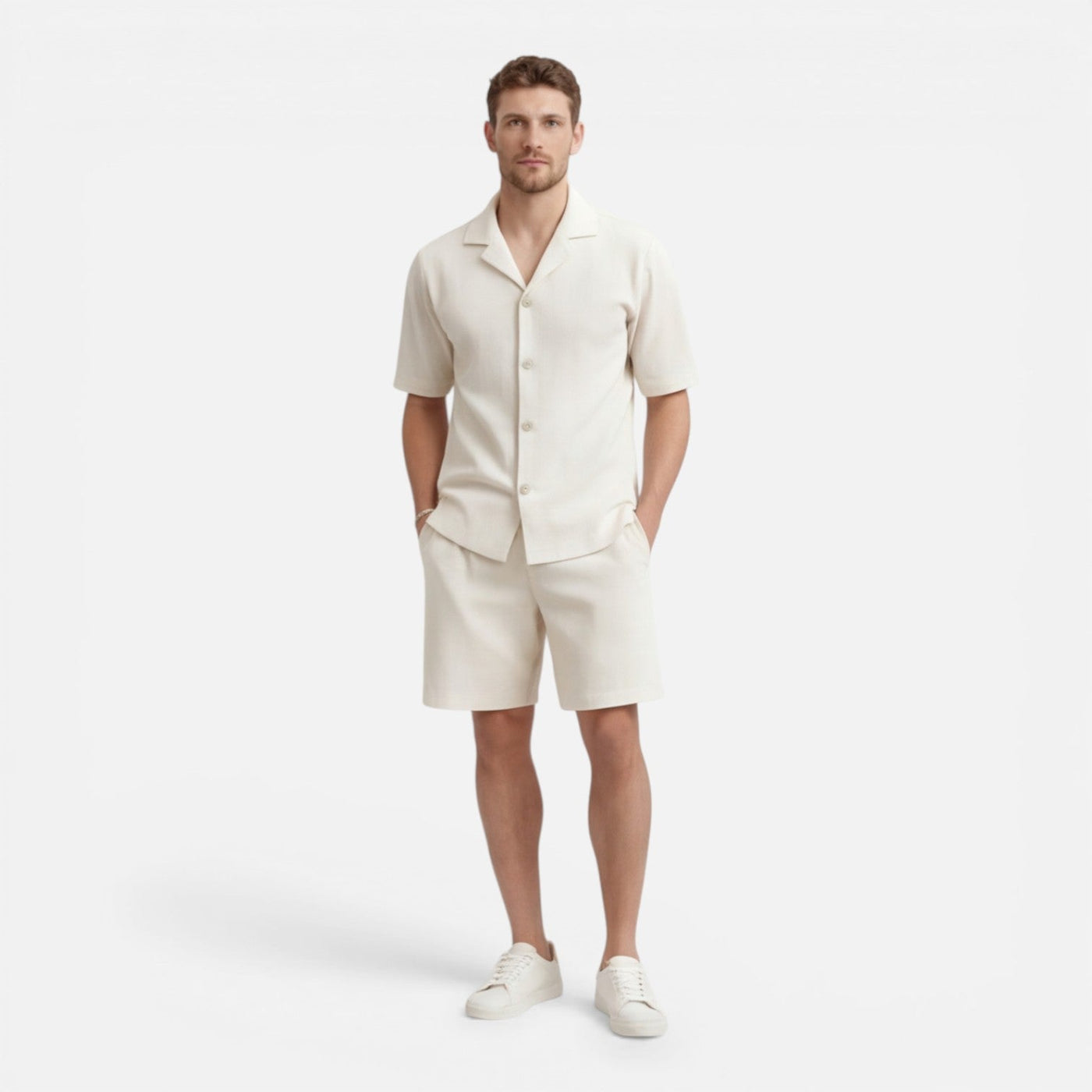 Montarello Men's Textured Camp Collar Shirt & Shorts Co-Ord Set