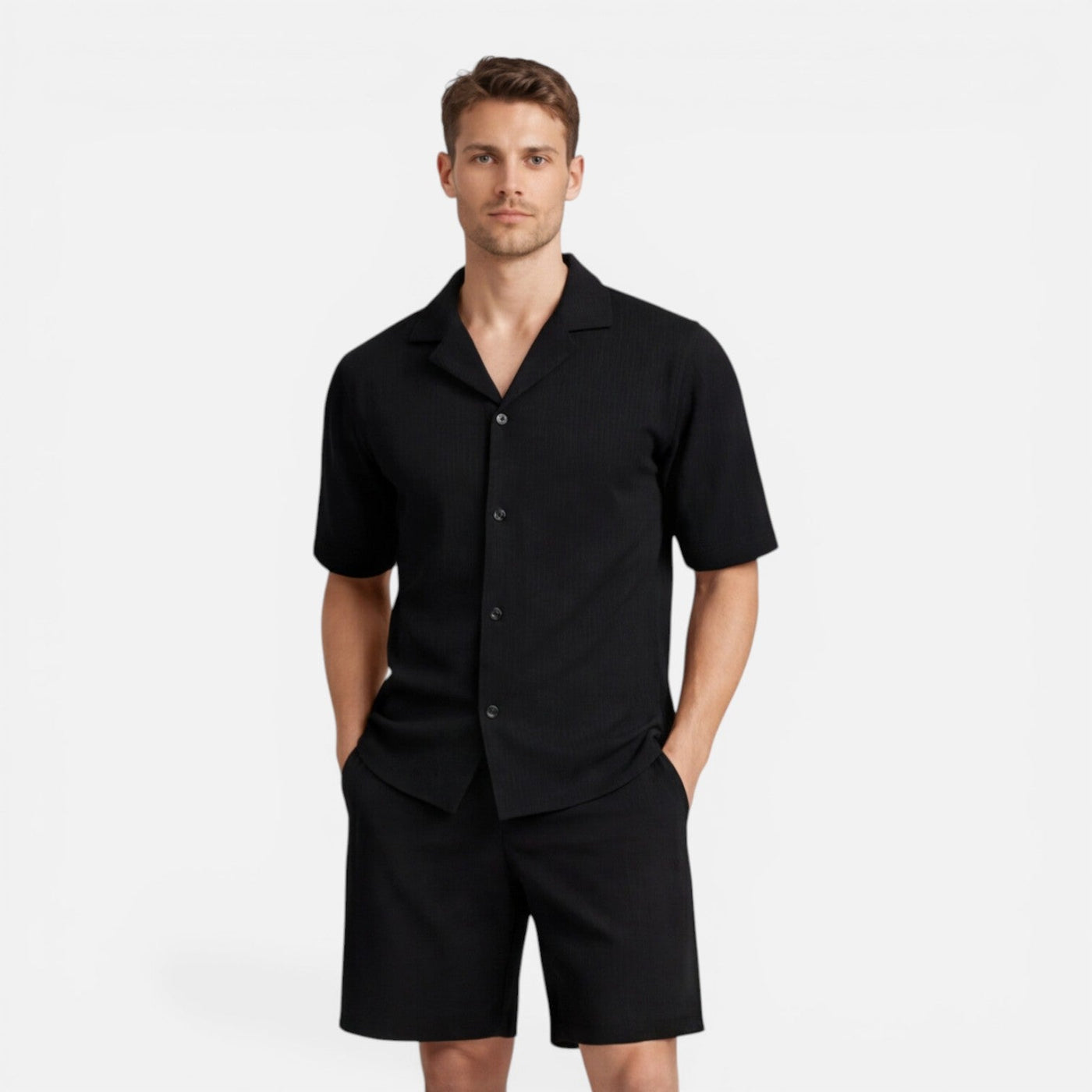 Montarello Men's Textured Camp Collar Shirt & Shorts Co-Ord Set