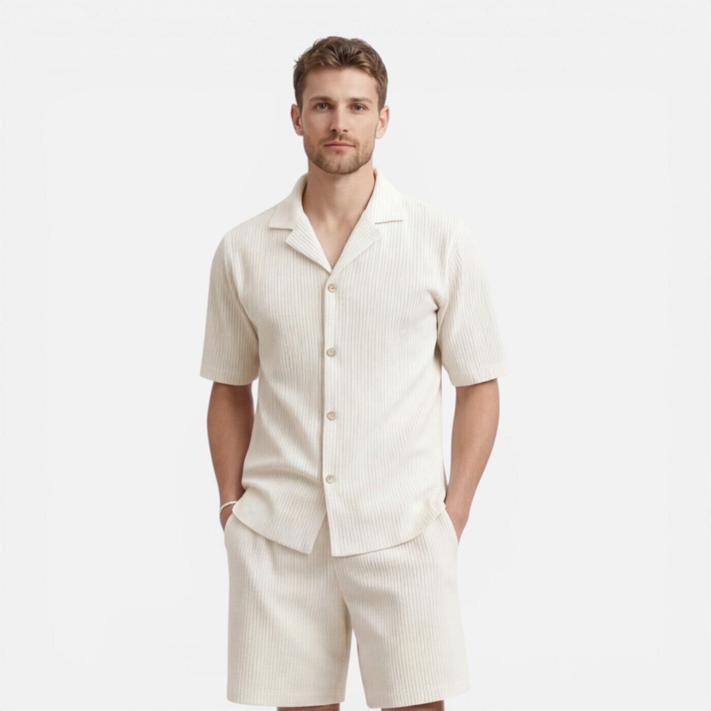 Montarello Men's Textured Camp Collar Shirt & Shorts Co-Ord Set