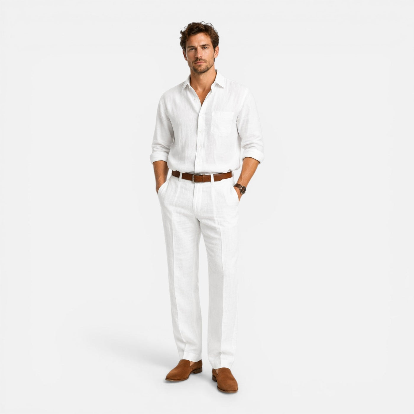 Montarello Men's Tailored Fit Linen-Look Smart Summer Trousers