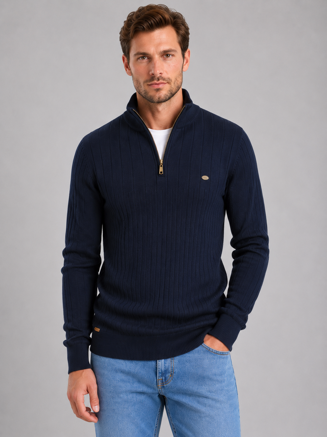 Montarello Men's Quarter Zip Jumper Ribbed Funnel Neck