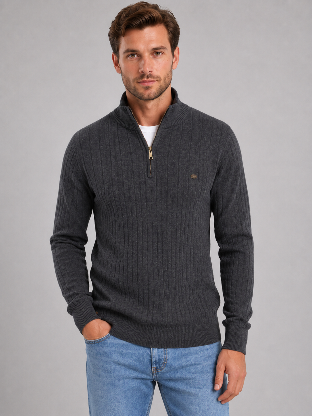 Montarello Men's Quarter Zip Jumper Ribbed Funnel Neck