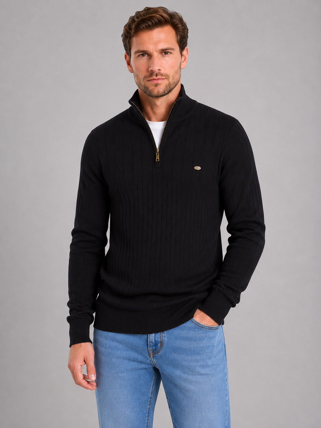 Montarello Men's Quarter Zip Jumper Ribbed Funnel Neck