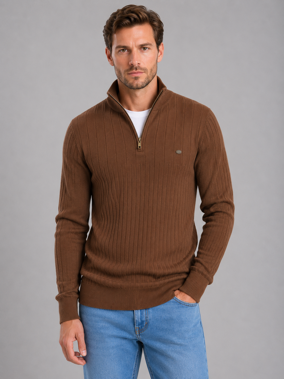 Montarello Men's Quarter Zip Jumper Ribbed Funnel Neck
