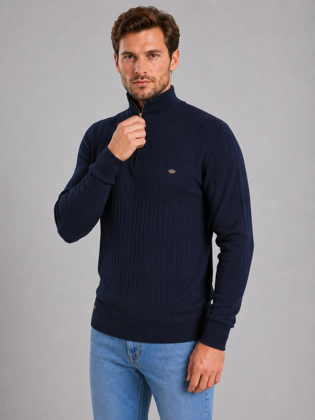 Montarello Men's Quarter Zip Jumper Ribbed Funnel Neck