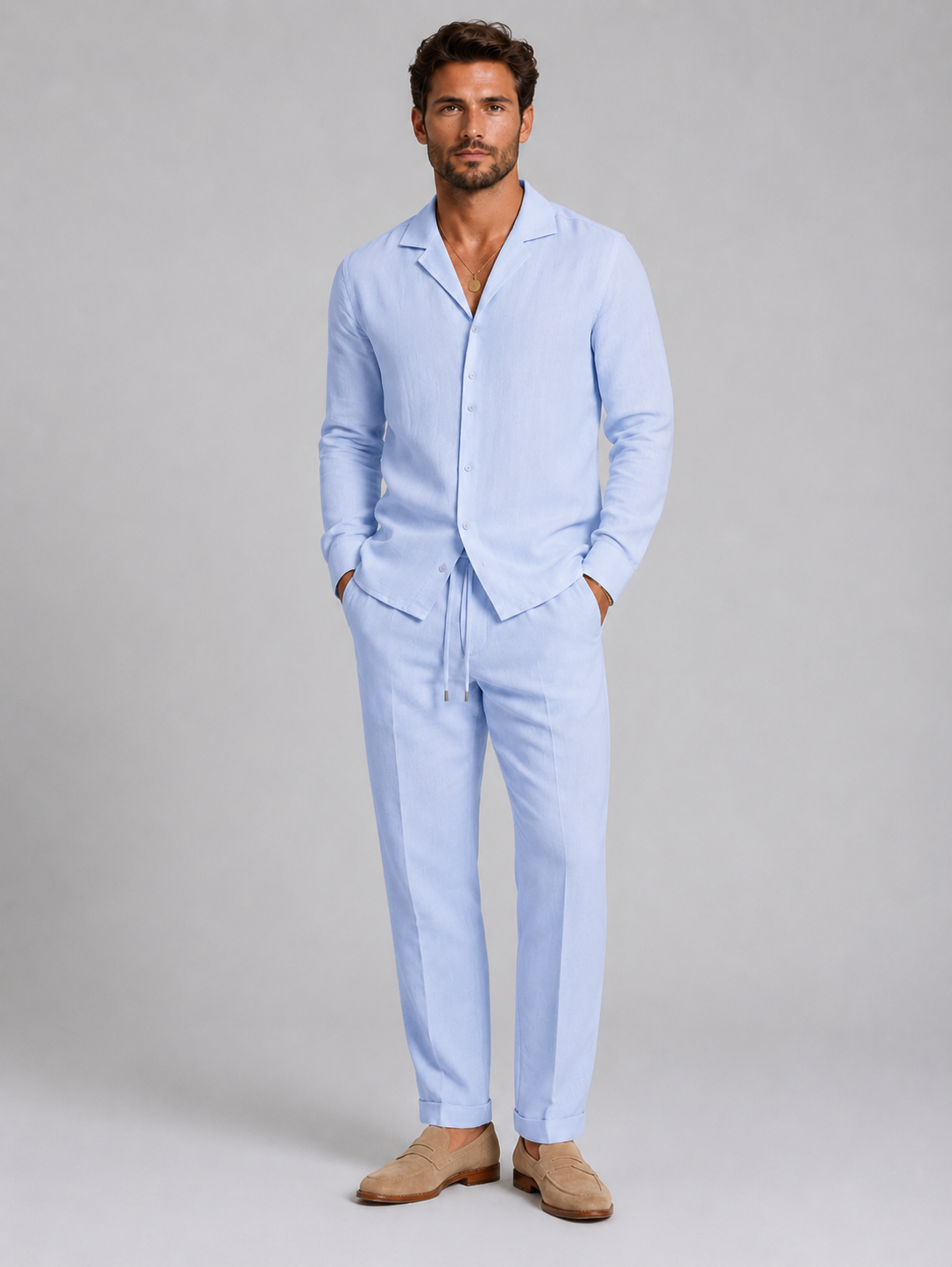 Montarello Men's Linen-Look Shirt & Trousers Set