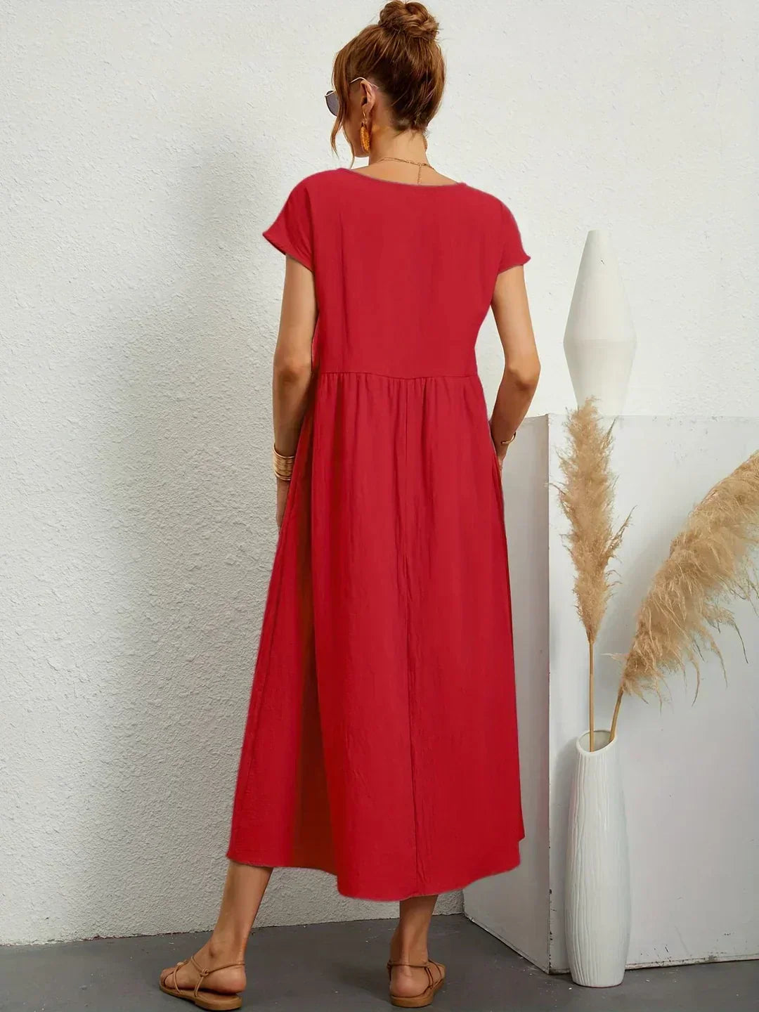 Montarello Women's Short-Sleeve Round Neck Pocket Midi Summer Dress