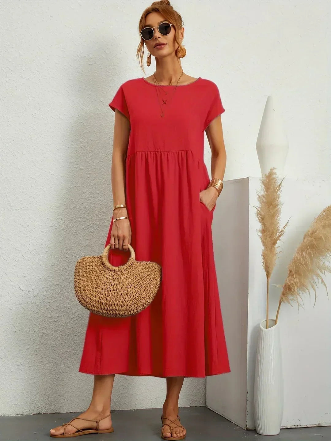 Montarello Women's Short-Sleeve Round Neck Pocket Midi Summer Dress