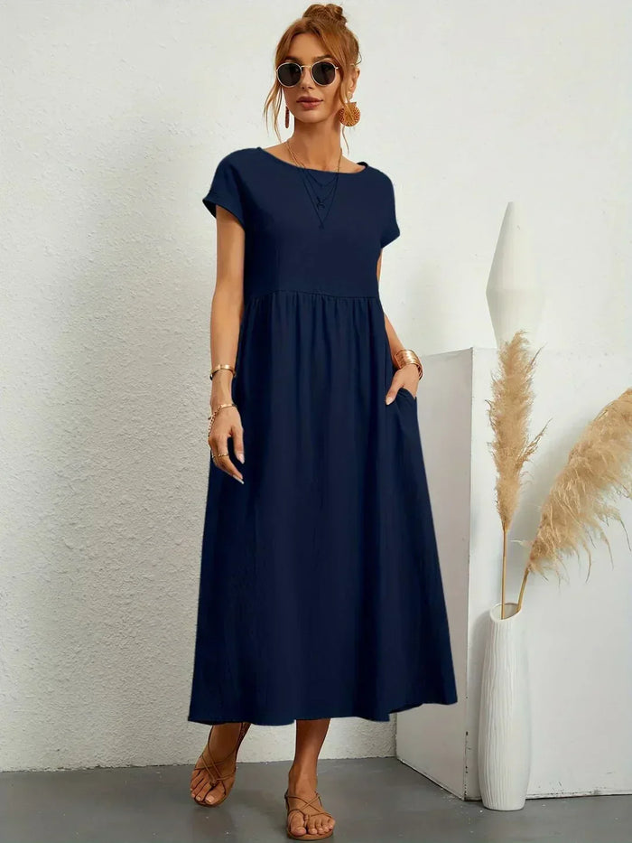 Montarello Women's Short-Sleeve Round Neck Pocket Midi Summer Dress