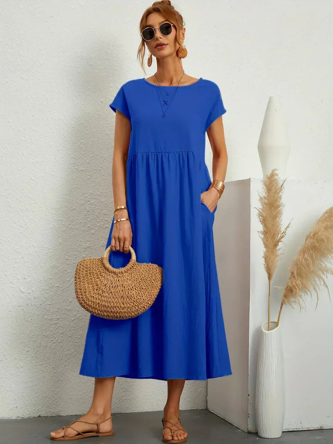 Montarello Women's Short-Sleeve Round Neck Pocket Midi Summer Dress