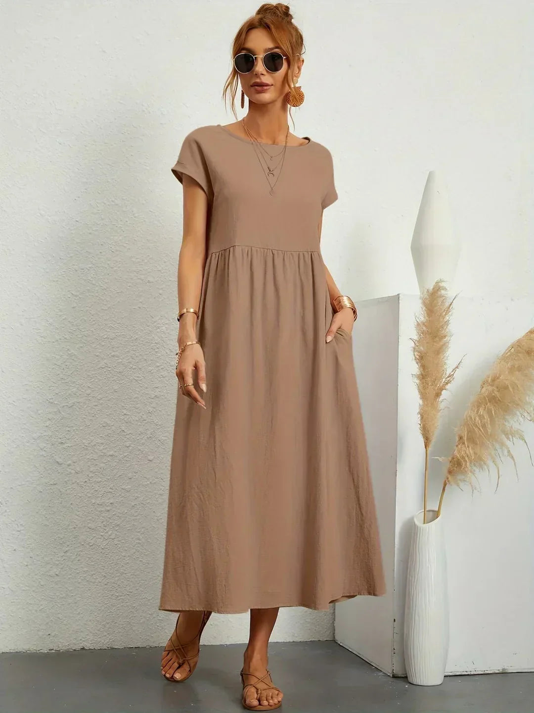 Montarello Women's Short-Sleeve Round Neck Pocket Midi Summer Dress