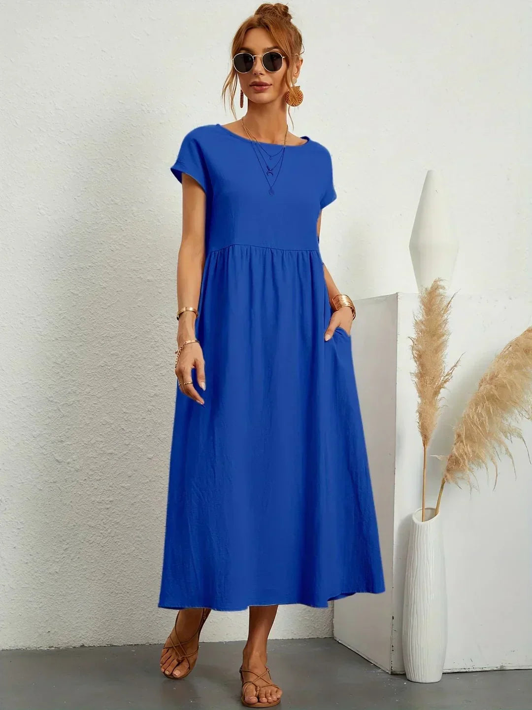 Montarello Women's Short-Sleeve Round Neck Pocket Midi Summer Dress
