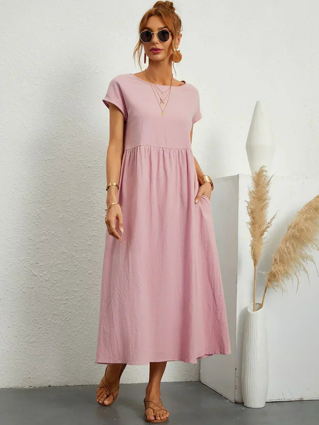 Montarello Women's Short-Sleeve Round Neck Pocket Midi Summer Dress