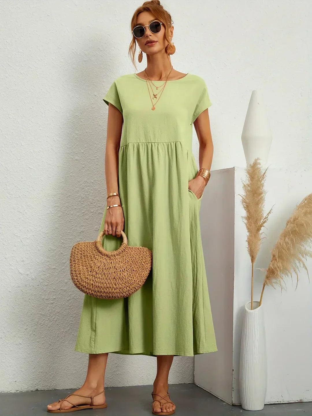 Montarello Women's Short-Sleeve Round Neck Pocket Midi Summer Dress