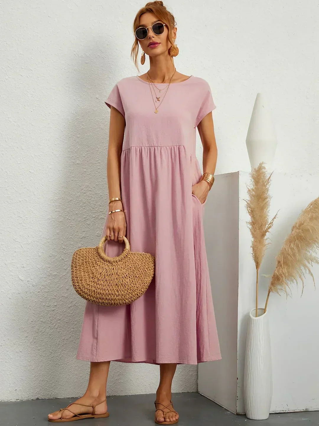 Montarello Women's Short-Sleeve Round Neck Pocket Midi Summer Dress
